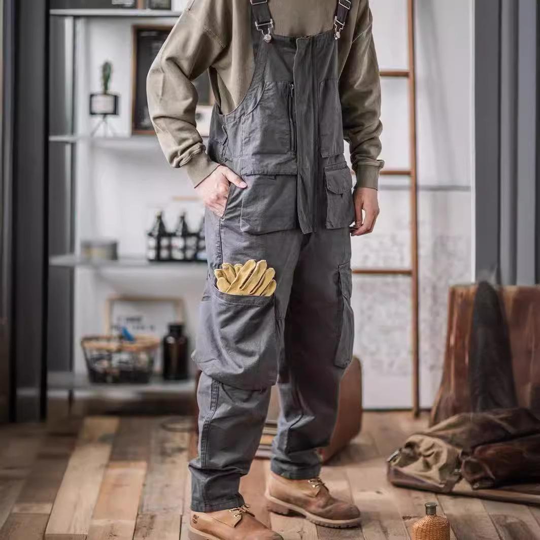 

Fashion Green Retro Men s Suspenders American Style Cotton Overalls Loose Washing Jumpsuit All Seasons Full Length Baggy Pants Casual Soft XXXXL сірий