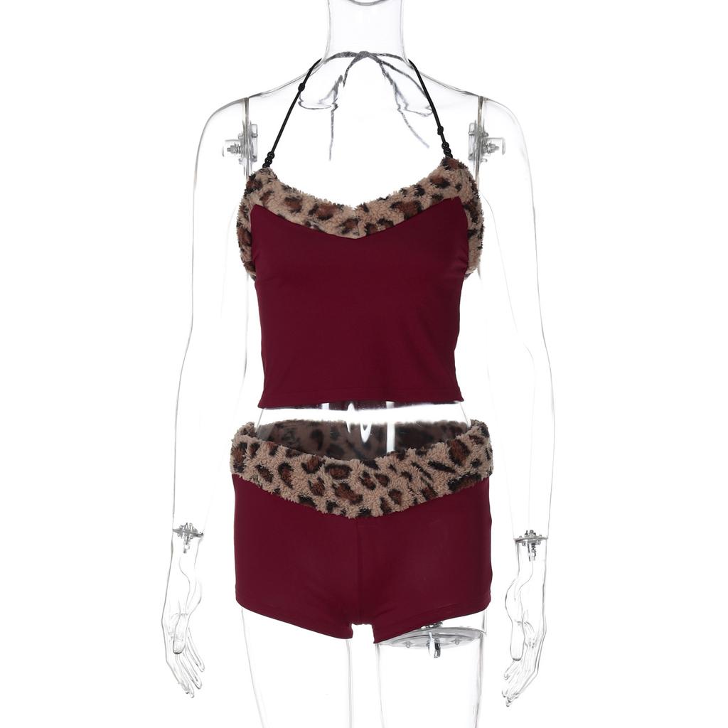 Women Leopard Print Patchwork Lace Up Vest And Slim Shorts Casual Two Piece Set