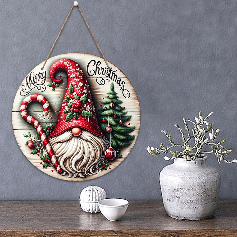 Christmas Holiday Wooden Hanging Tag with Santa Claus Cane Design