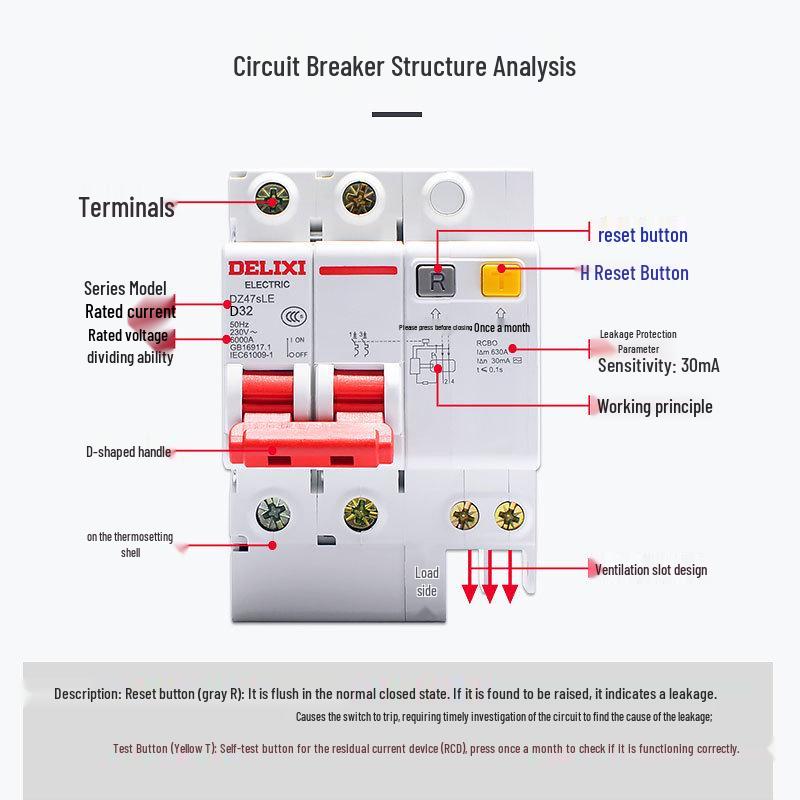 Delixi Type D DZ47SLE 220V 2P Miniature Circuit Breaker with Earth Leakage Protection.