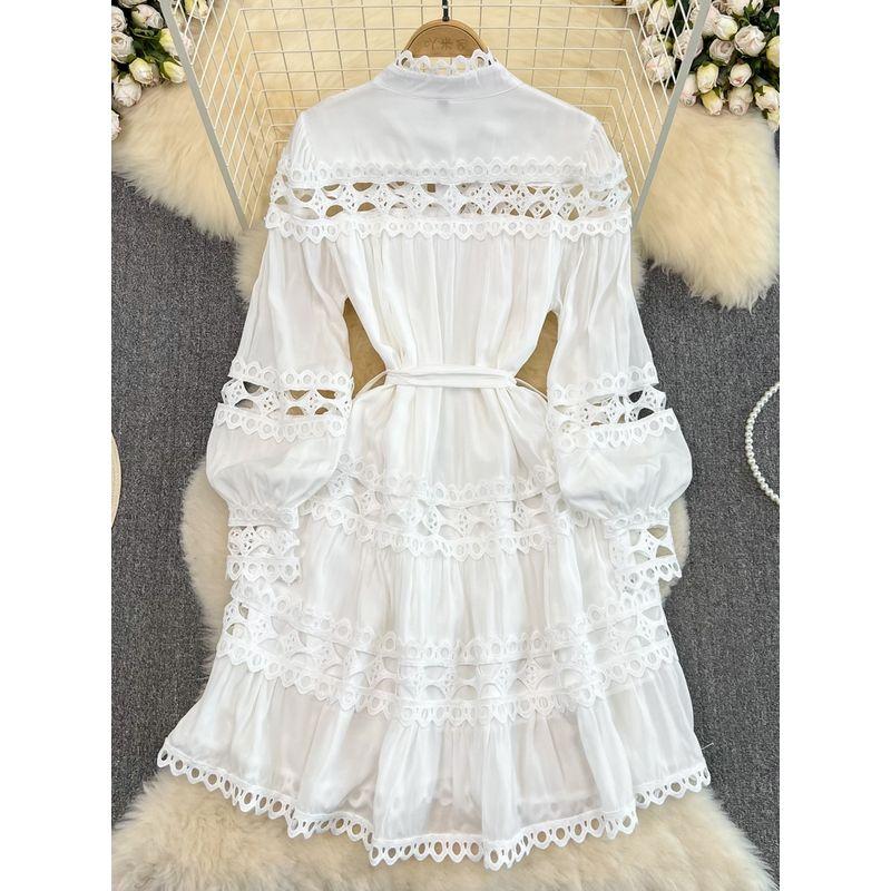 2024 Spring and Autumn Vintage Court Style Elegant Lantern Long Sleeve round Neck Hollow out Stitching Single-Breasted A- line Dress