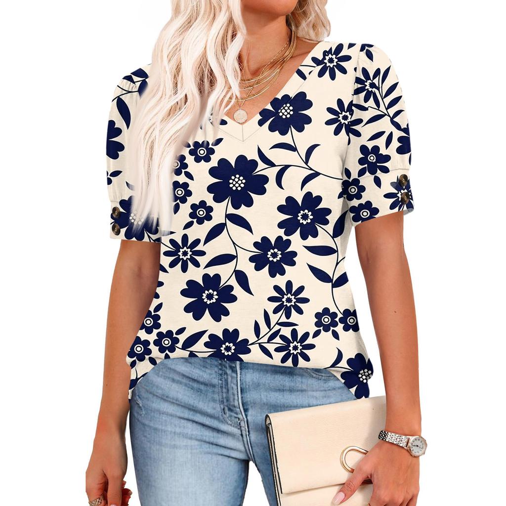 Womens Tops Short Sleeve Shirts Buttons V Neck  Fashion Outfits  Blouses  Casual