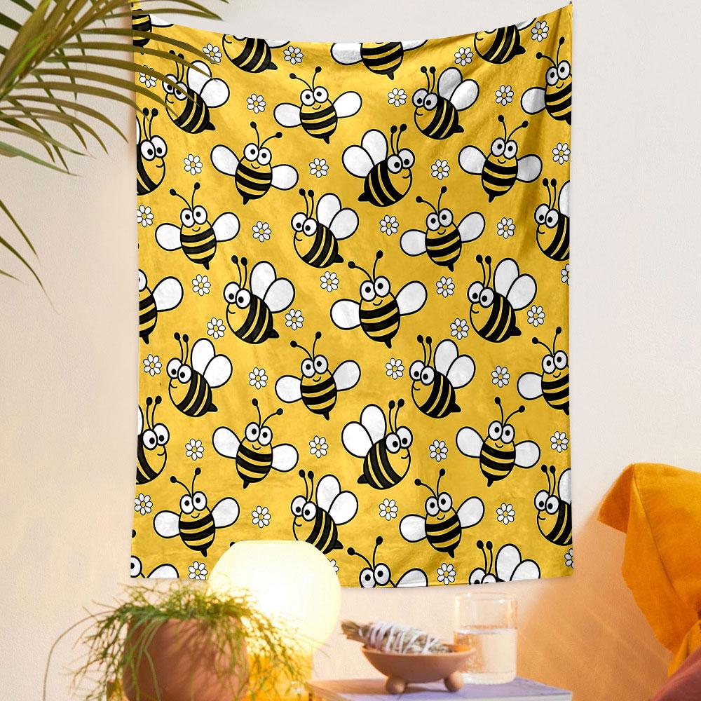 Cute Bumblebee Pattern On Yellow Background Patterned Tapestry Home Decor, Suitable for Bedroom and Living Room, Gift