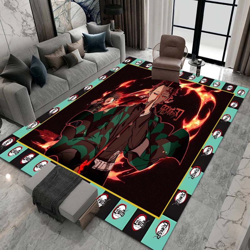 Cute cartoon Kimetsu no Yaiba rug, suitable for playrooms, bedrooms, living rooms, sofas, and other home décor; non-slip rug for