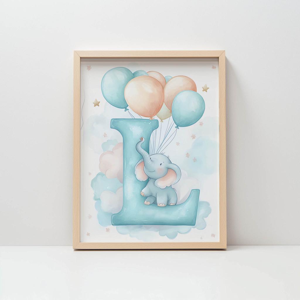 Poster Letter "I" With Balloons And Elephant Poster Letter "I" With Balloons And Elephant, 30X40 Cm, Frame Wooden Light Oak, Paper Matte 230 Gsm