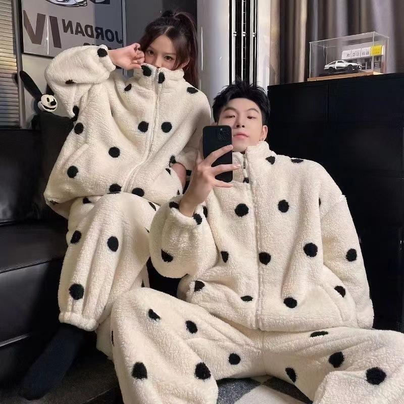 Polka Dot Coral Fleece Couple Pajamas Set Winter Zipper Flannel Men'S Loose Casual Loungewear Girls