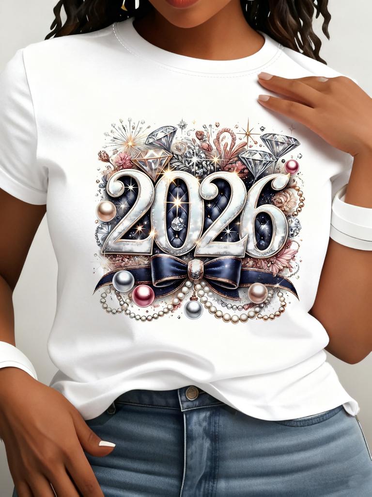 European Size Womens Happy New Year Tee Fashionable Glamorous Letter Graphic Print T Shirt Slogan Design Loose Casual Round Neck Short Sleeve