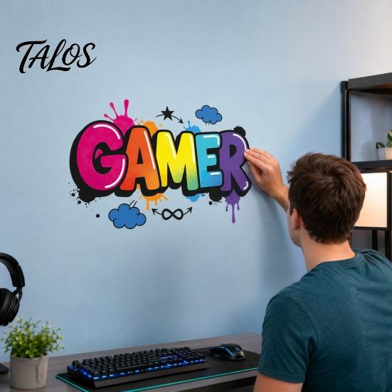 Adesivi Murali TALOS GAMER, Decalcomanie Autoadesive Senza Tracce, PVC Artistico Impermeabile, Adesivi Colorati Graffiti per Stanze E-Sports Camere da Letto Dormitori Decorazioni per Giochi