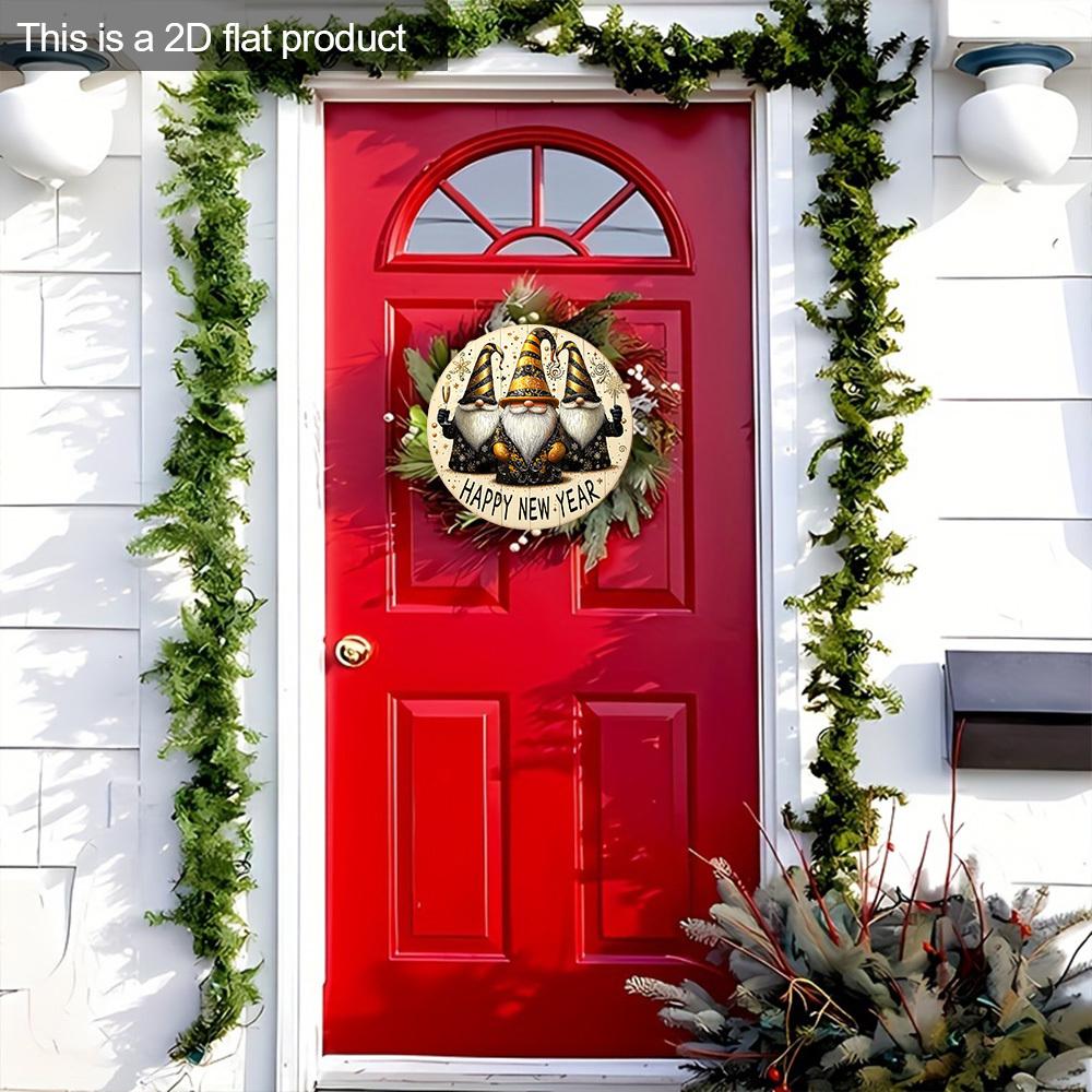 Celebrate The New Year Wooden Ornament with Gnomes Pattern - Happy New Year Round Sign for Front Door, Wall Hanging Decor
