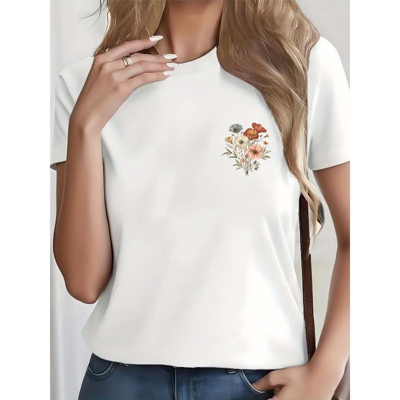 Women's Black Floral Print Tee Left Chest Design Round Neck Short Sleeve Lightweight Summer Casual Everyday Stylish Top