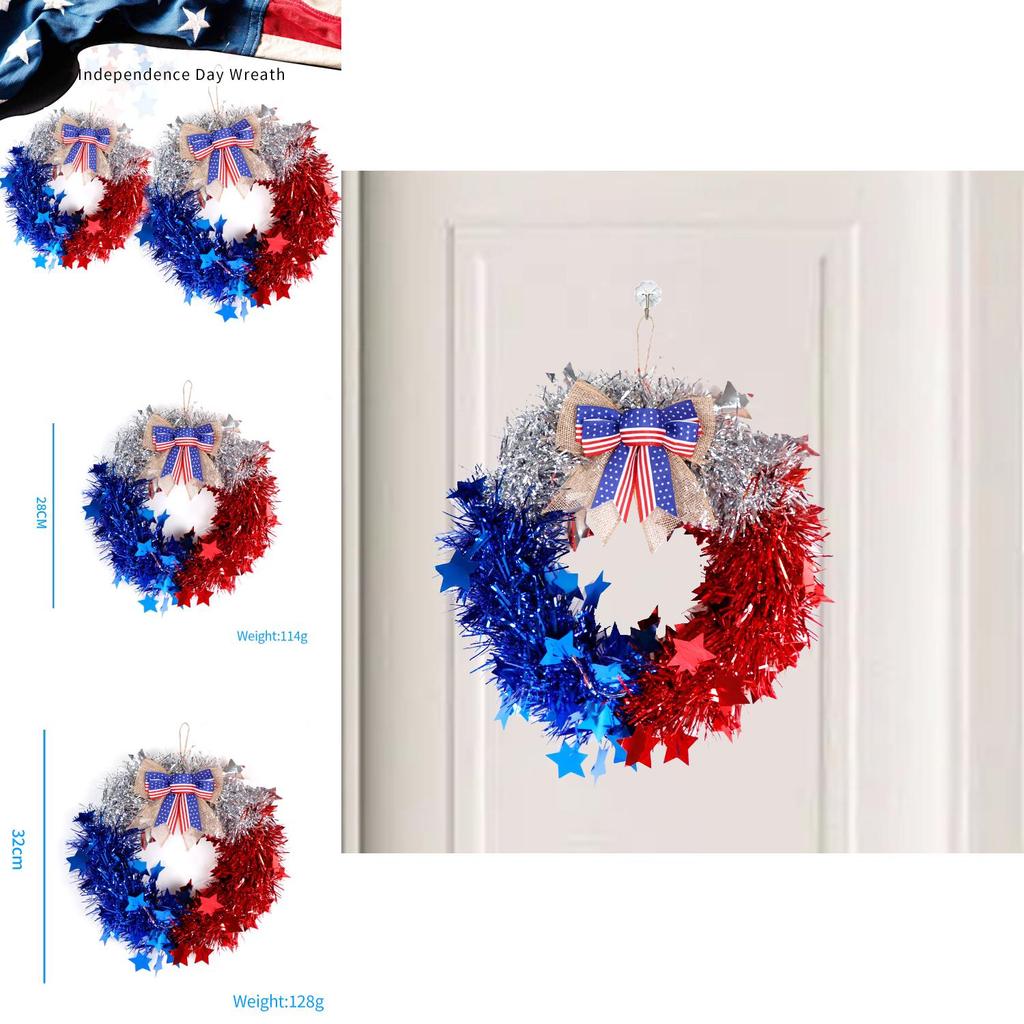 Festlicher Rot-Silber-Blau Unabhängigkeitstag Kranz mit Schleife für Haus und Garten