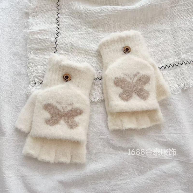 Bow Flip-top Knitted Gloves, New Plush Thickened Cold-proof Cartoon Warm Student Finger Versatile