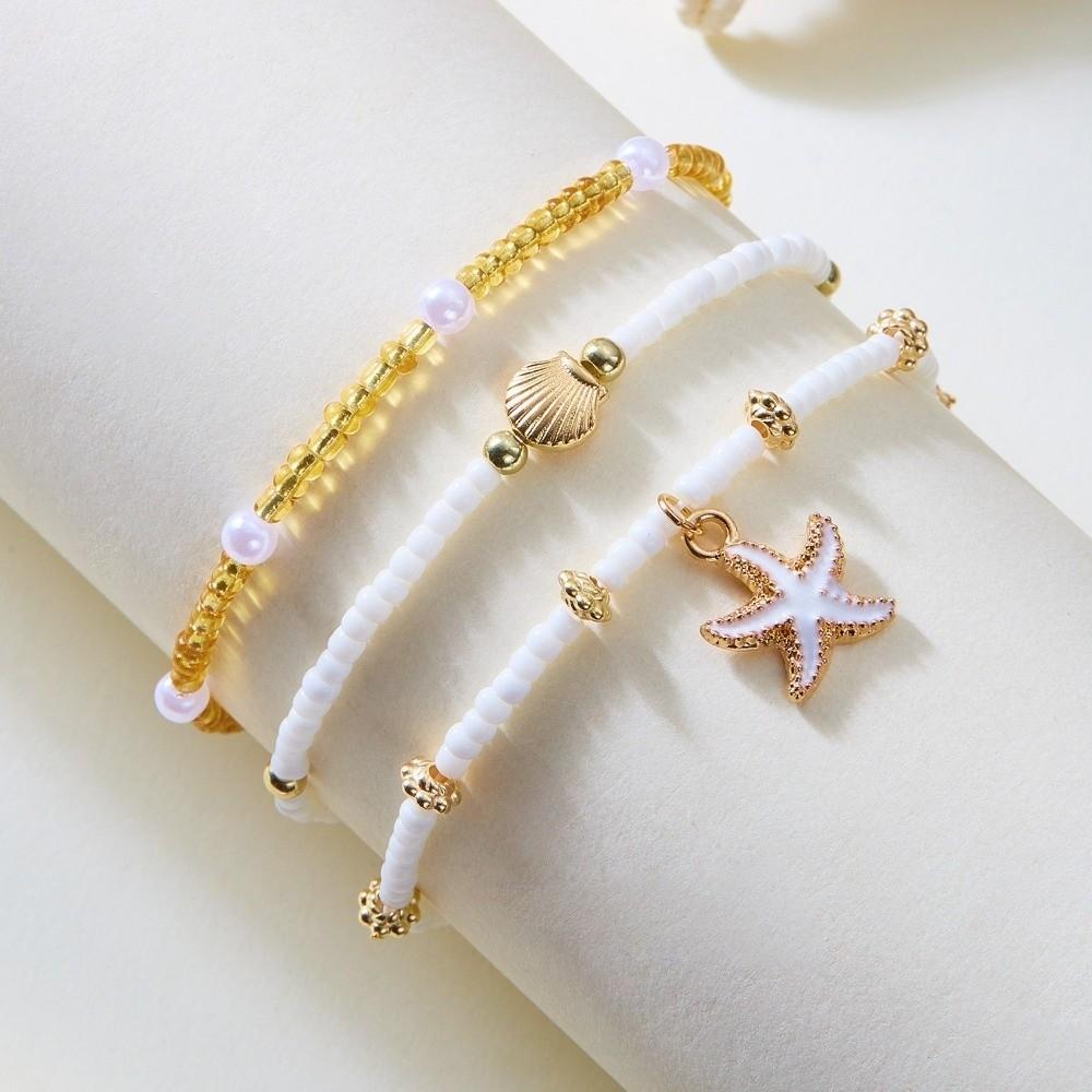 Three-Layer Millet Bead Bracelet Adjustable Beach Foot Jewelry Starfish Shell Ankle Chain  Elegant