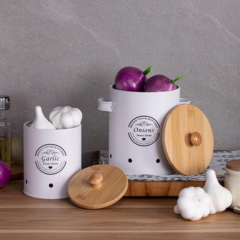 Bambusový kryt úložná nádrž Brambora prodyšná domácí freshness box Kuchyňská kovová úložná nádoba na brambory, cibuli, česnek