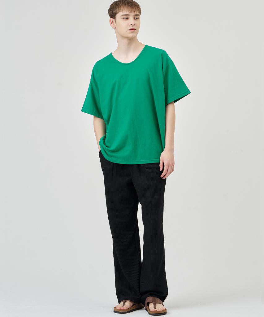 THE-ABON Pin Pattern Stretch Wide Elastic Waist Pants Blue