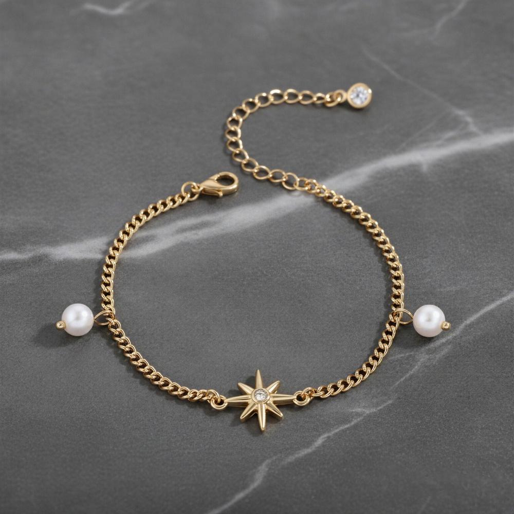 Non Tarnish Gold plate Bracelet Gold Plated Stackable for Women, Thin Herringbone Chain pearl star Jewelry Gift