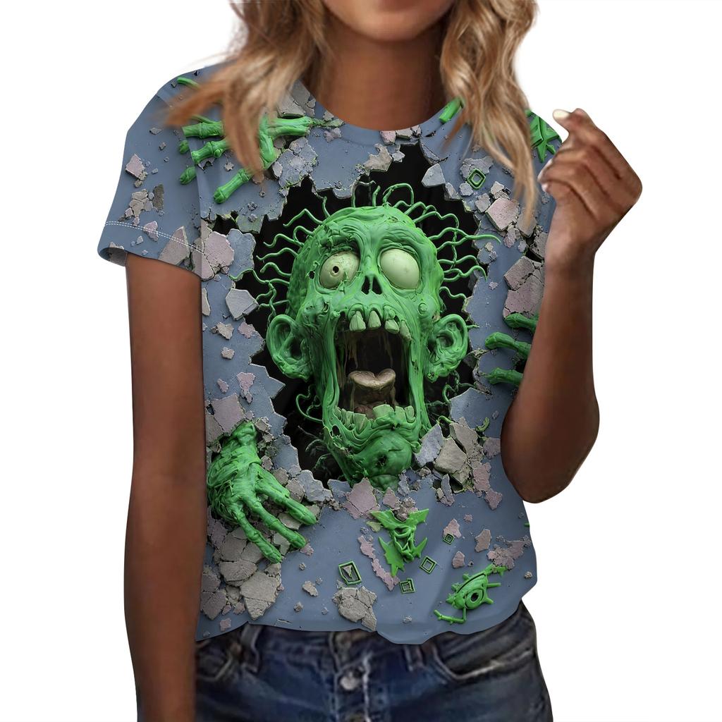 Women's Short Sleeve Crewneck T-Shirt with Halloween Print for Casual Daily Wear