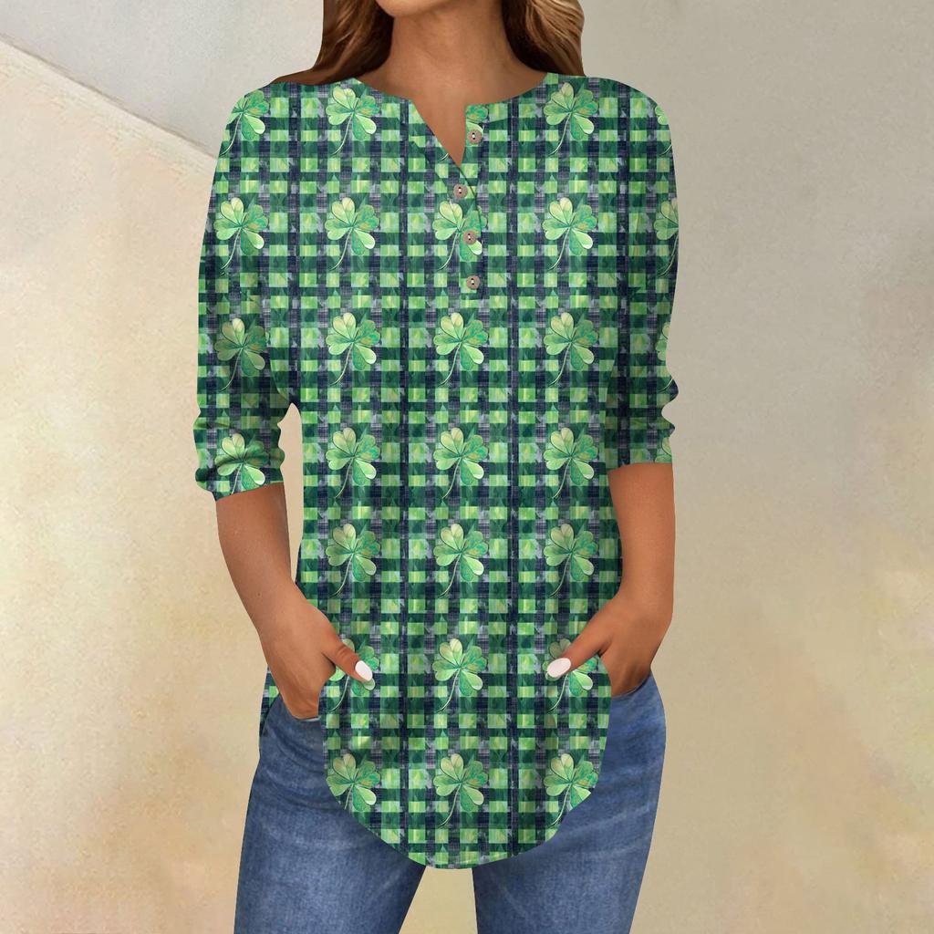 3/4 Ärmel Damen Tops Sommer T-Shirts Print V-Ausschnitt Casual Basic Tee Button Shirts Tunika Tops St. Patrick's Day