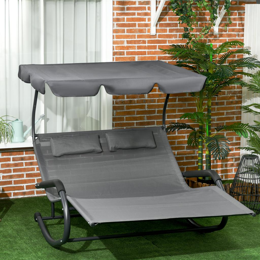 Double Sun Lounger for 2 People, Incl. Cushions and Canopy, 200 Cm X 139 Cm X 140 Cm. Dark Gray
