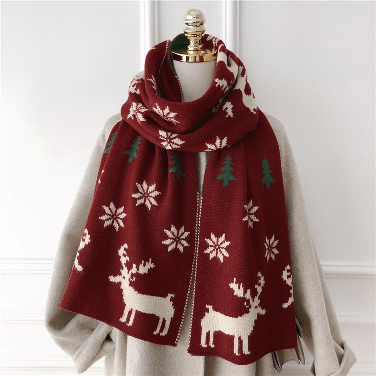 

Christmas Red Knitted Cotton Shawls Scarf Woman Winter Warmer Scarves Deer Elk Printed Wrap Female Muffler Gift Scarf Shawls