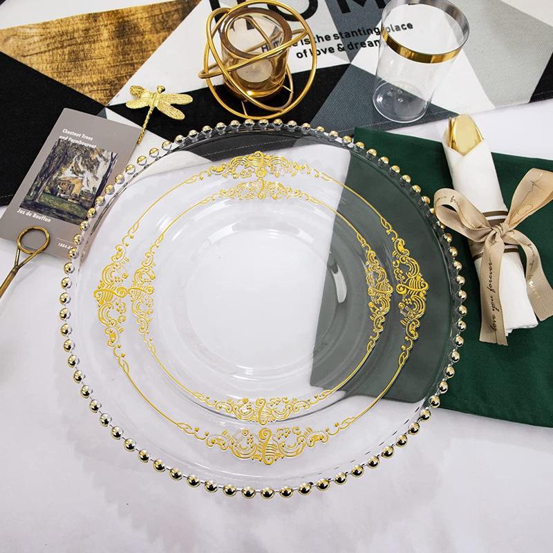 25p Transparent Hot Stamping Plate Disposable PS Hard Plastic Tableware Gold Border Relief Plate Multi-color European Tableware