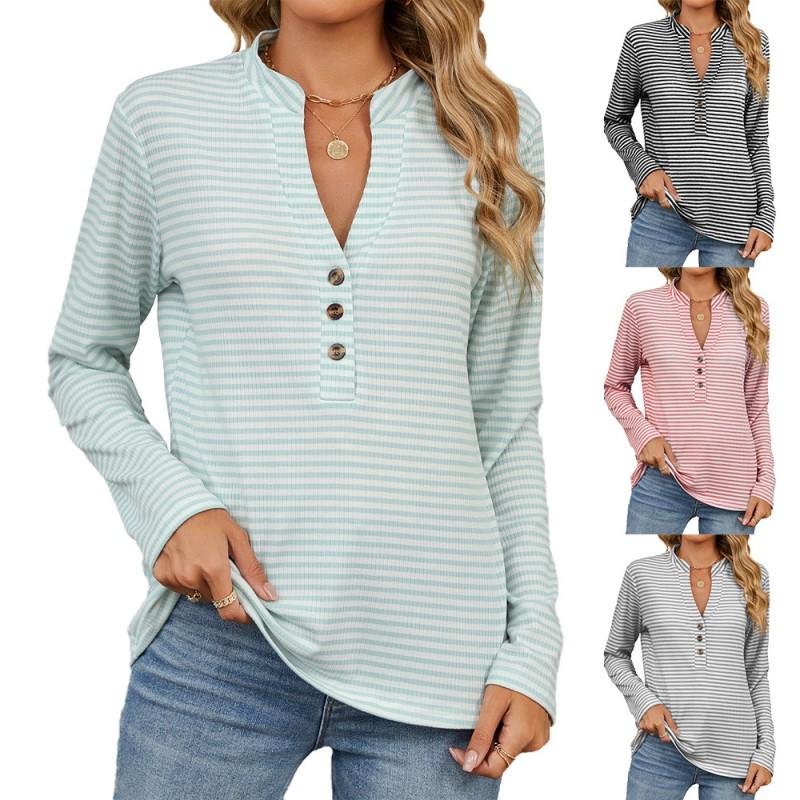 Womens V-Neck Button-Down Striped Loose Long Sleeve T-Shirt Cotton-Polyester Blend Casual Top Winter