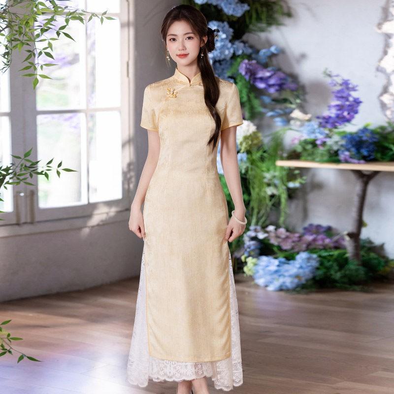 Yellow Modern Chinese-Inspired Long Cheongsam Dress Women 2026 Stylish Daily Wear With Stand Collar Small