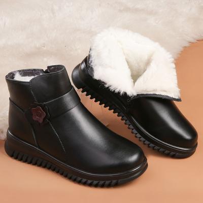 Mid-Aged and Elderly Women's Genuine Leather Anti-Slip Cotton Shoes Mom's Winter Warm Fleece Lined Short Zipper Boots