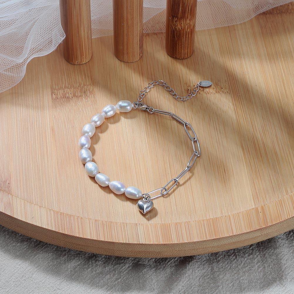 Pearl Jewelry 925 Silver Pearl Bracelet Heart Charm Paperclip Chain14K Gold Plated Freshwater Pearl Bracelet