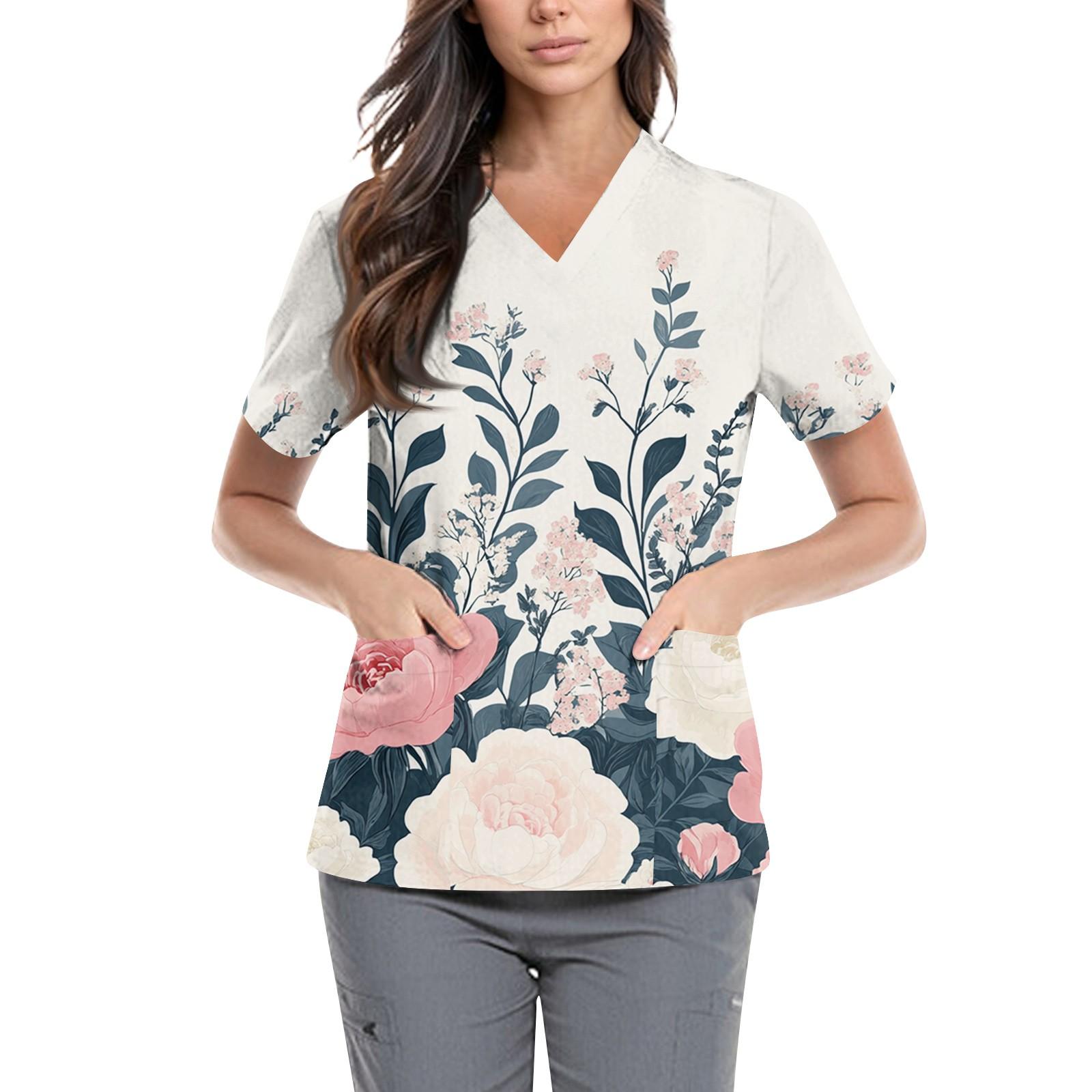 

Женская симпатичная принтованная рабочая одежда с V-образным вырезом, двухслойными карманами, базовым коротким рукавом, пуловером ко Дню святого Валентина XL белый