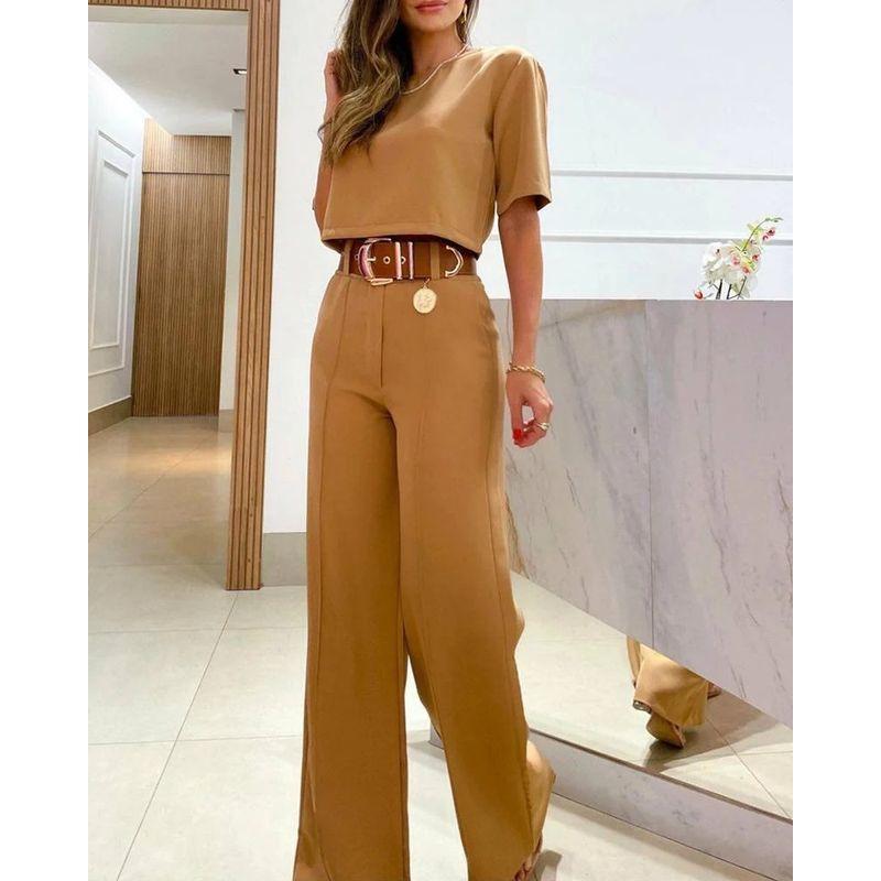 

Fashion Suits 2025 Summer Pure Color Casual Wide-Leg Trousers + Short Sleeve Tops New Fashion Outfit Coffee XXL