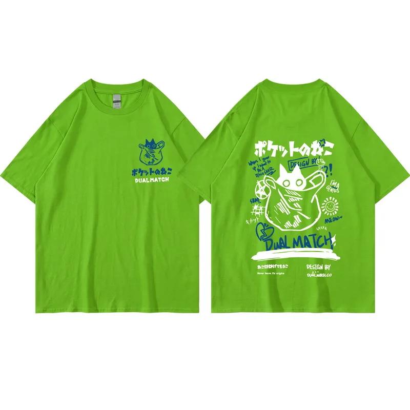 2022 Hip Hop T-Shirt Streetwear Japanese Kanji Funny Cat Print T Shirt Harajuku Cotton Casual Short Sleeve Tshirt Tops