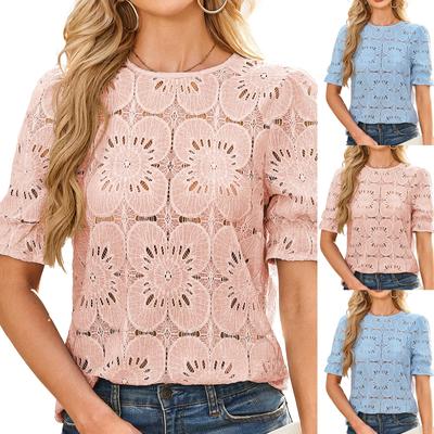 Women's Fashionable Casual Hollow Lace Bubble Short Sleeved Shirt Top Short Sleeved Shirt Top