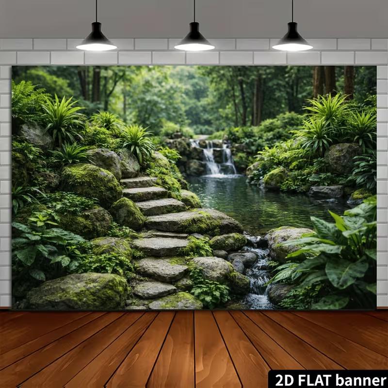 2D Japanese Garden Banner, Stone Steps & Waterfall Backdrop for Decor & Studio