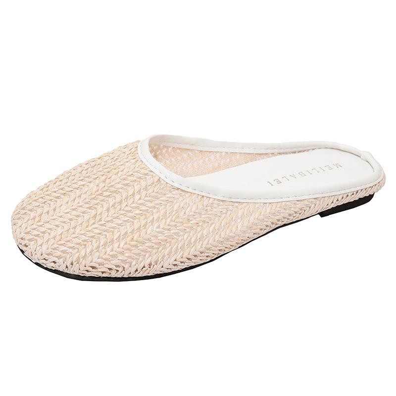 Mori Urlaubsstil Tasche Kopf gewebte Halbschuhe Damen 2025 Sommer neue Kleidung atmungsaktiver runder Kopf lässige coole Hausschuhe