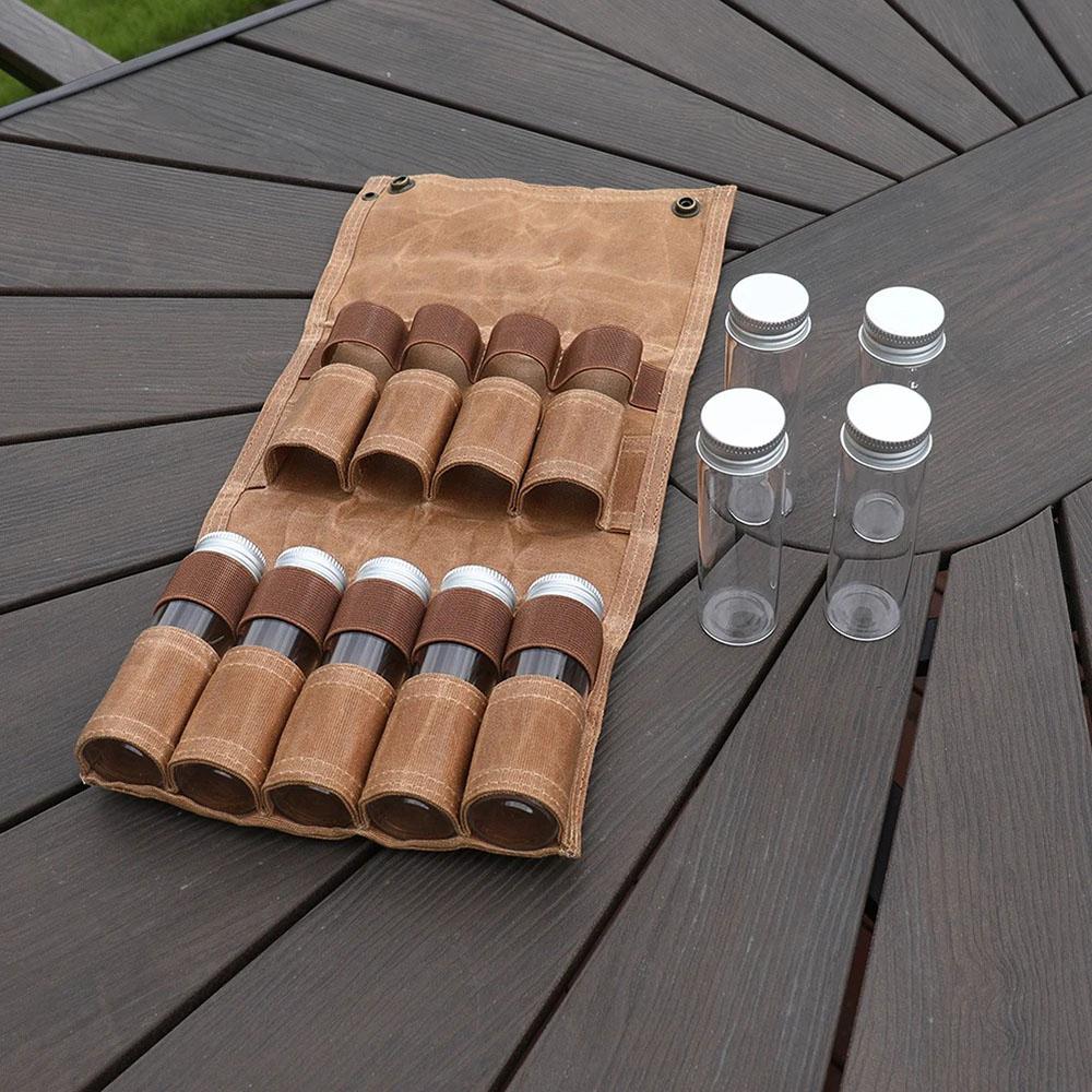 9pcs Spice Jar Set Food Seasoning Bottle Condiment Container With Canvas Pouch Holder For Outdoor Camping Picnic Kitchenware Accessory.
