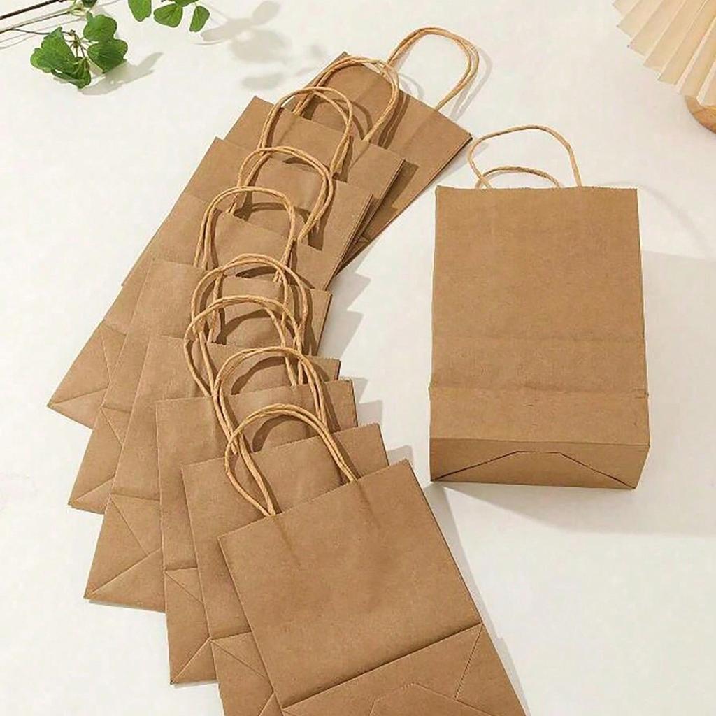 10pcs - khaki kraft paper bag with handle, durable and reusable - perfect for weddings and parties, suitable for storage