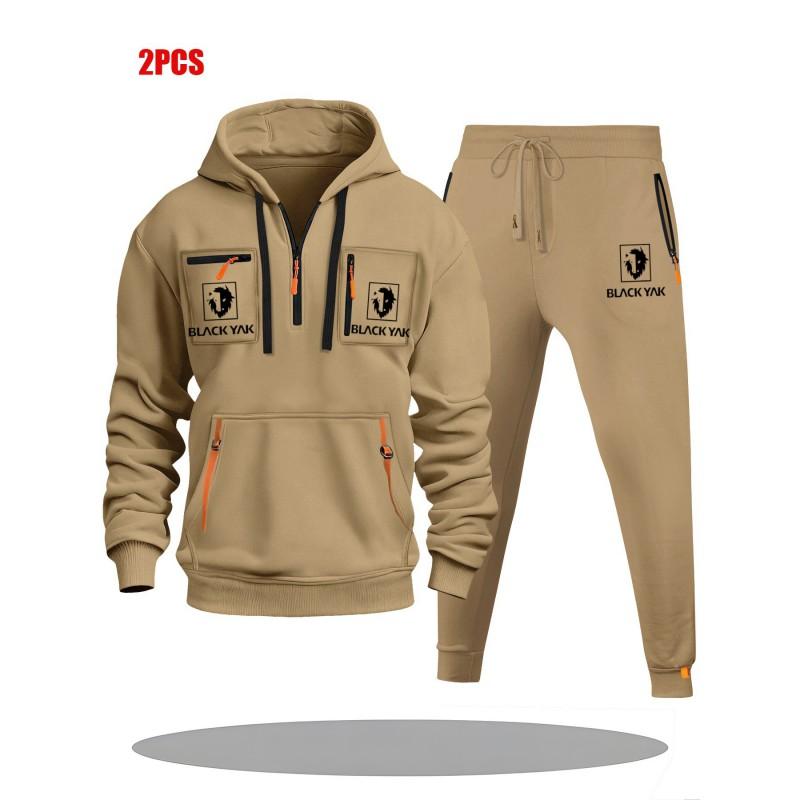 Mens Hoodie Sweatshirt Set Solid Color Multi-Zipper Pockets Casual Wear
