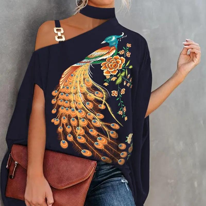 Damen Sommer Bluse mit hängendem Hals und Fledermausärmeln, bedruckt