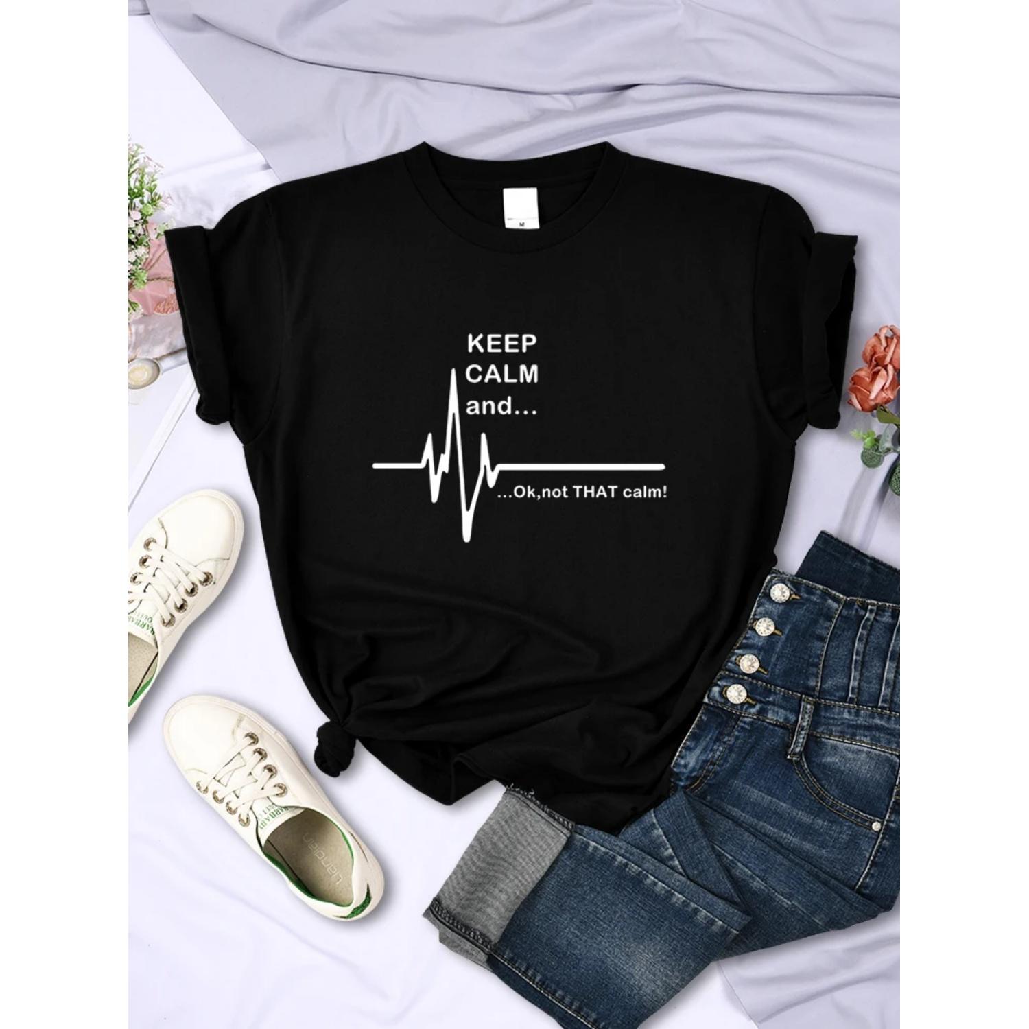 Keep Calm And Ok,Not That Calm Women T Shirt Summer Breathable Short Sleeve Street Personality Crop Top Casual Womans Clothing S чёрный