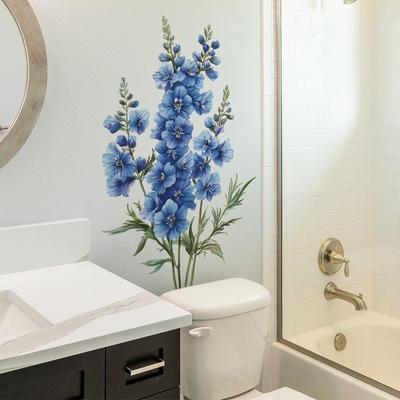 2 Pcs Watercolour Blue Flowers Bathroom Toilet Home Background Beautification Decoration Wall Stickers