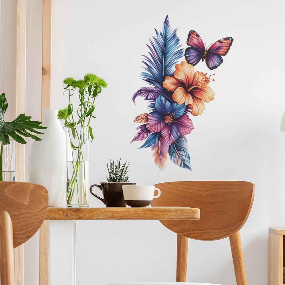 Irisierende Federn, Blumen & Schmetterlinge Wandaufkleber für Schlafzimmer Wohnzimmer Hintergrundwand Dekoration Selbstklebend Abnehmbar Heimdekoration