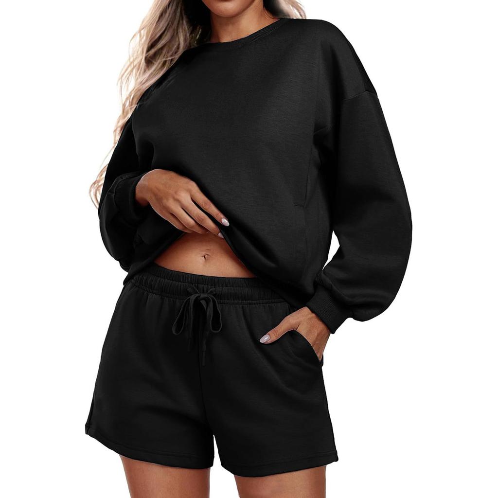 Women's Fashion Sportswear Casual Long-Sleeved Pullover Sweatshirt Drawstring Shorts Set
