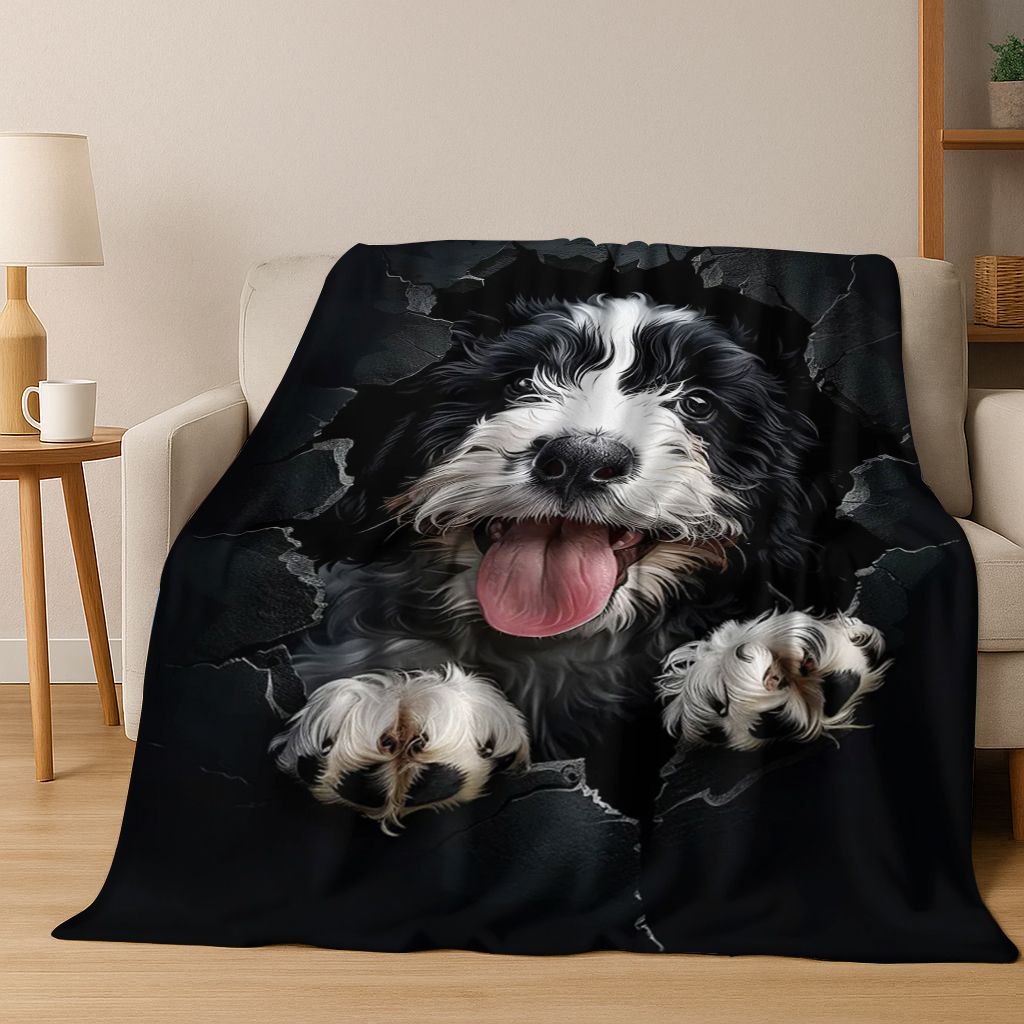 3D Illusion durchbrechende Wand Hund Welpe Niedliche Flanelldecke, Gemütliche Weiche Überwurfdecke für Zuhause Schlafzimmer Bett Sofa Picknick Abdeckung Geschenk Kind