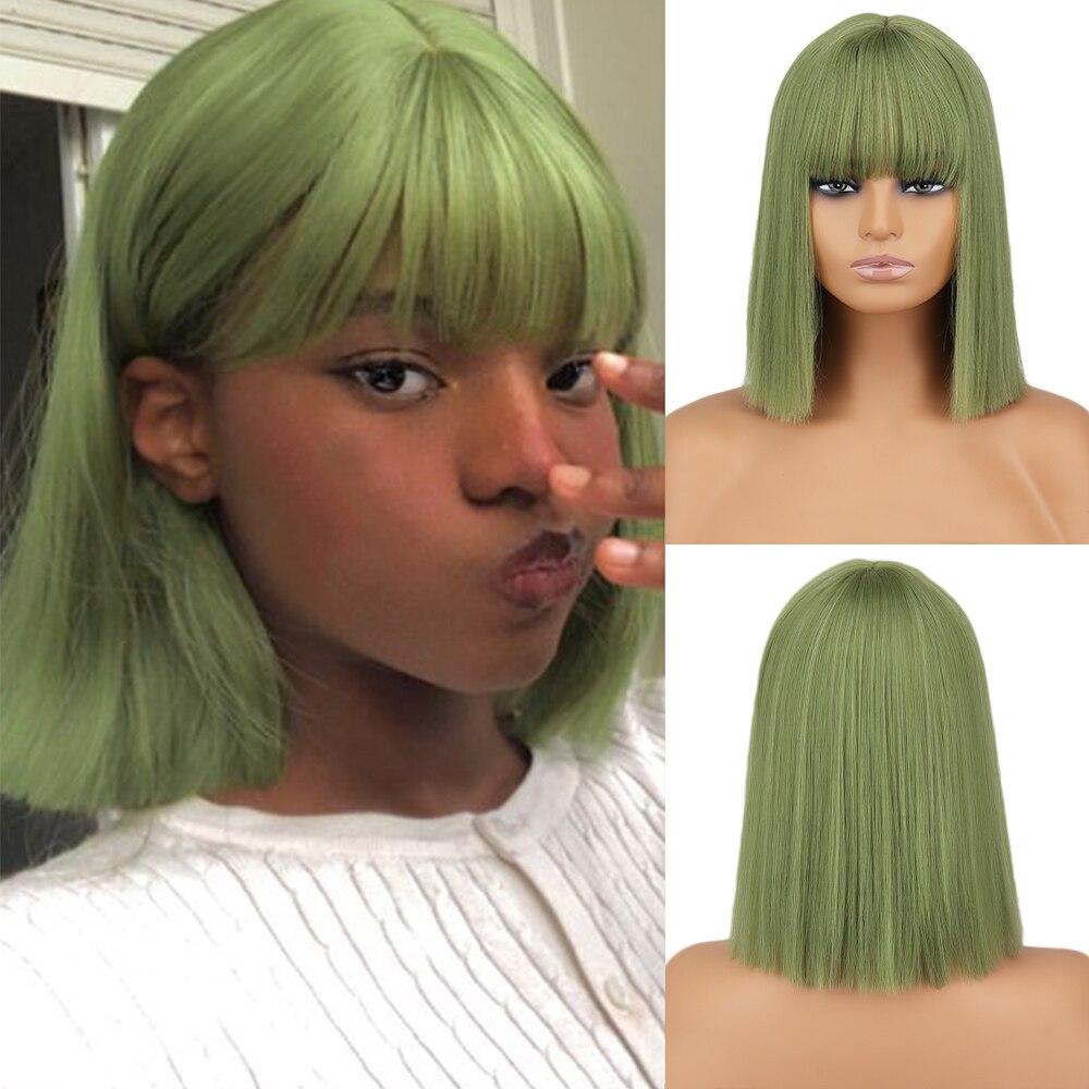 MERISIHAIR Yeşil Kısa Düz Sentetik Elyaf Bob Peruk Patlamalı Peruk Kadın Cosplay Parti Günlük Giyim Kısa Bob Peruk
