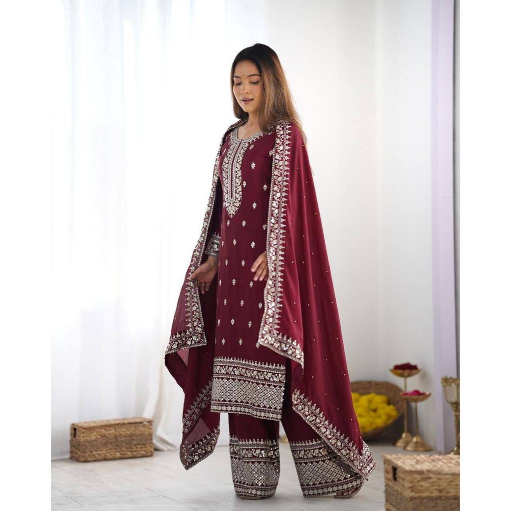 Bollywood Chinon Silk With Embroidery Sequence Work Salwar Suit Indian Pakistani VFP-1876a1