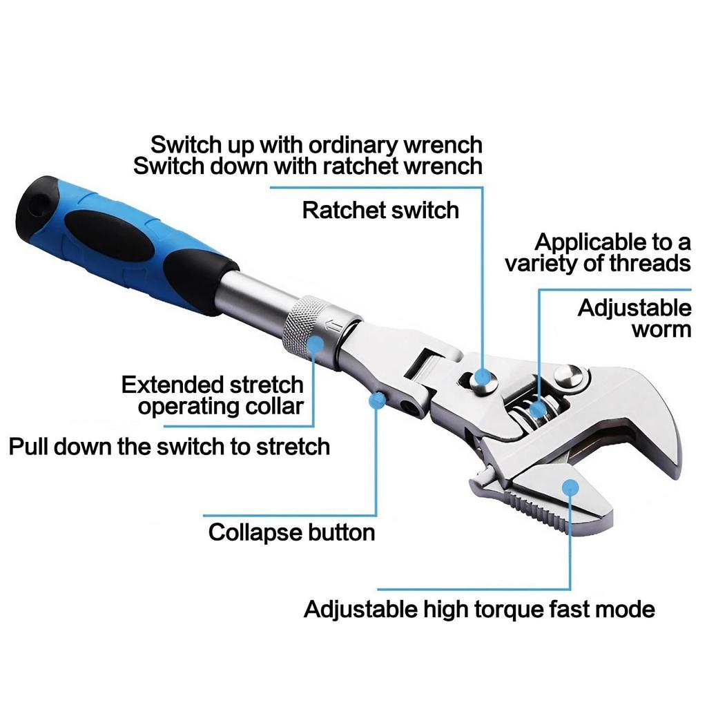 5-in-1 Adjustable Ratchet Wrench, Swivel Head Stainless Steel Tool, Extendable Rust Resistant Hand Tool for Mechanics Plumbers