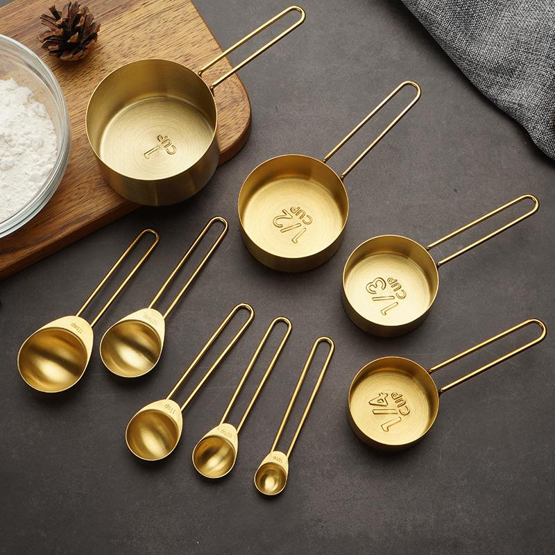 Stainless Steel 5 Piece Measure Spoon and 4 Piece Measure Cup SetMultifunctional Golden Measuring Spoon Set Home Kitchen Accesso