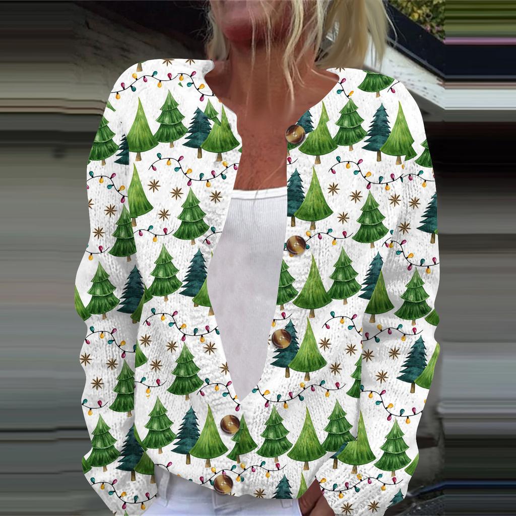 Women's Casual Long Sleeve Woolen Christmas Knitted Cardigan Button Down Jacket