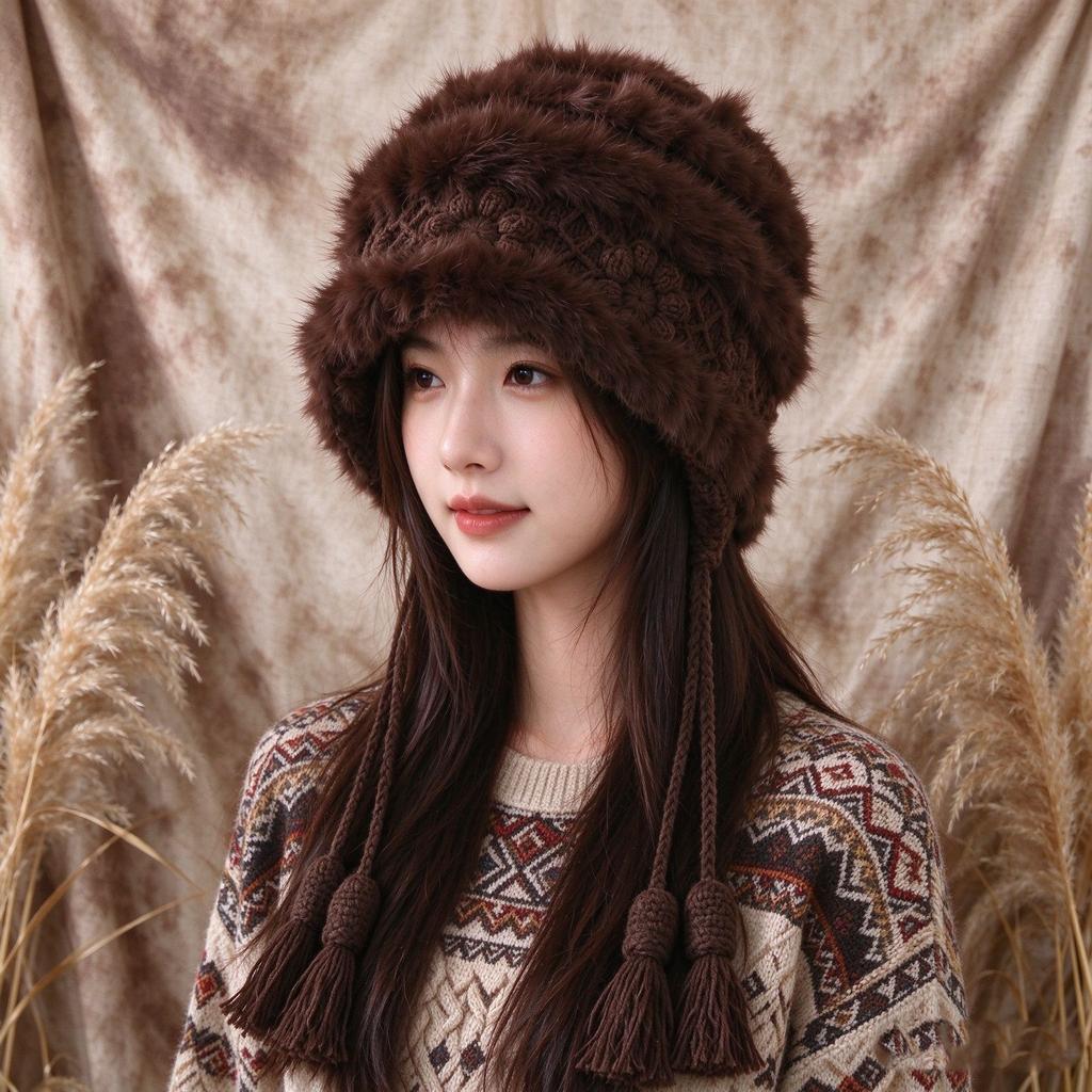 Autumn and winter plush ear protection hat knitted hat warm Lei Feng hat female real rabbit hair thickened pure handmade wool hat thickened